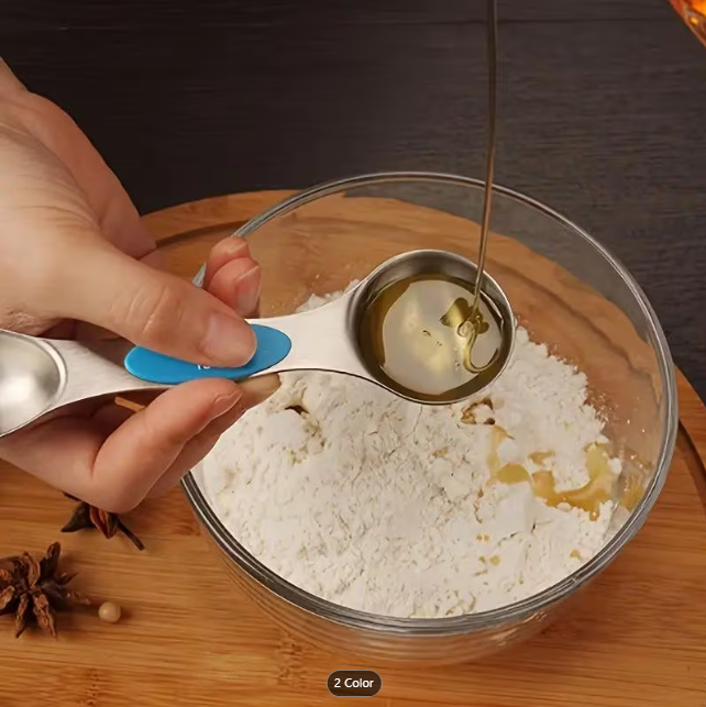 magnetic stainless steel measuring spoon measuring a liquid, taken from Temu product page