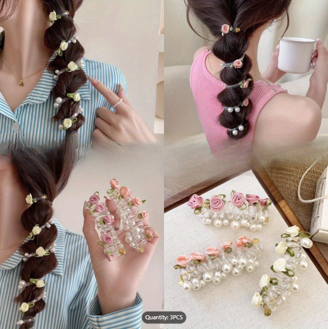 telephone cord rosebud hair ties from Temu displayed in hair and by themselves, taken from Temu product page