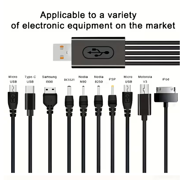 ten in one multi charger cable for multiple devices, with different connectors labelled, taken from Temu product page