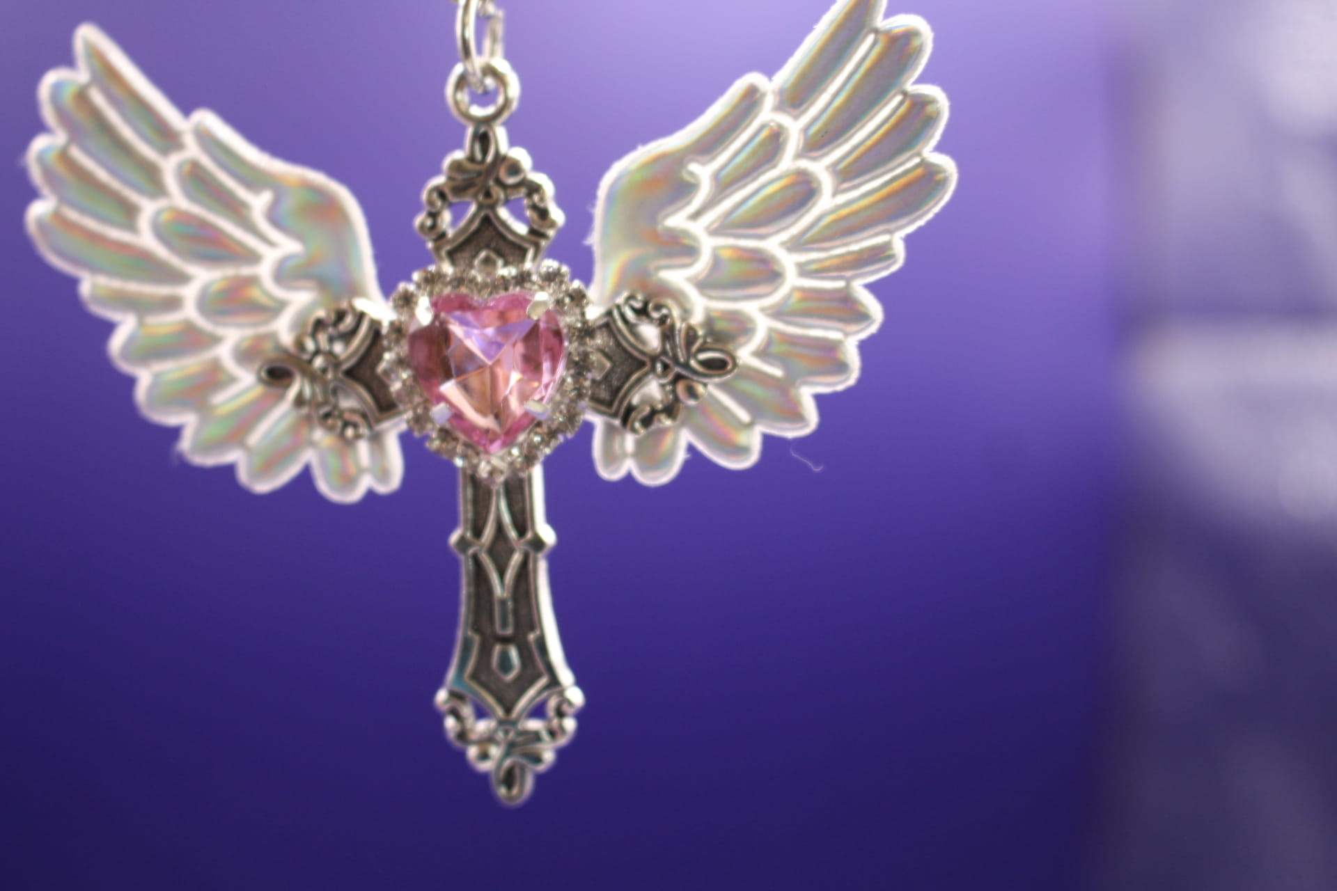 angel wings cross pendant necklace, hanging