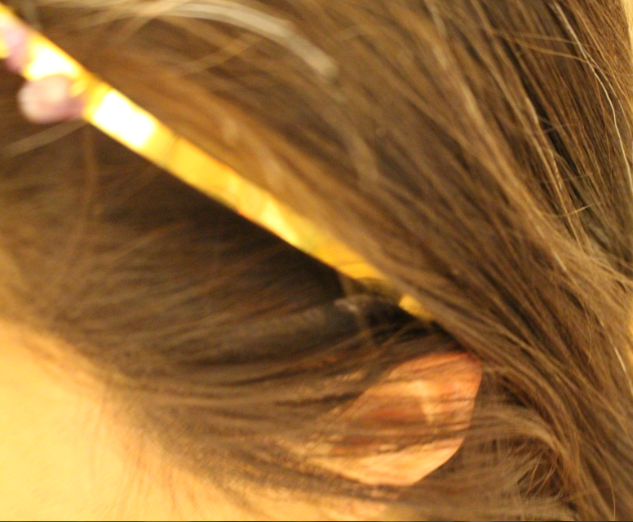 amethyst crystal headband side view closeup showing band near ear