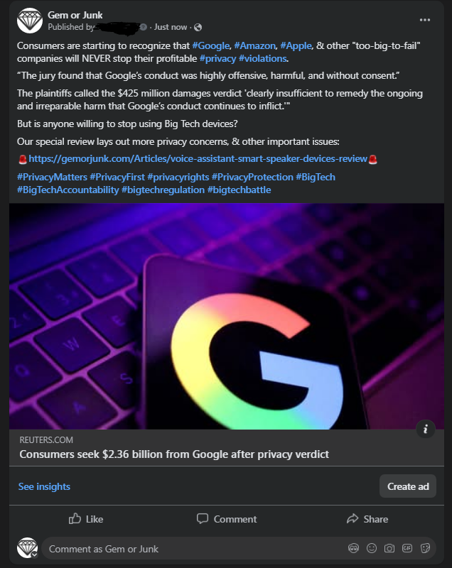 original facebook post about Google case