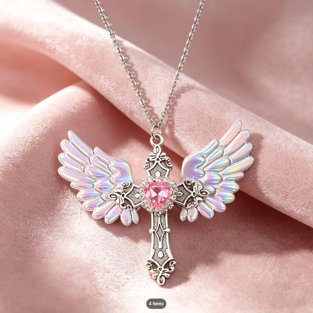 stainless steel angel wings cross pendant necklace from Temu, taken from Temu product page