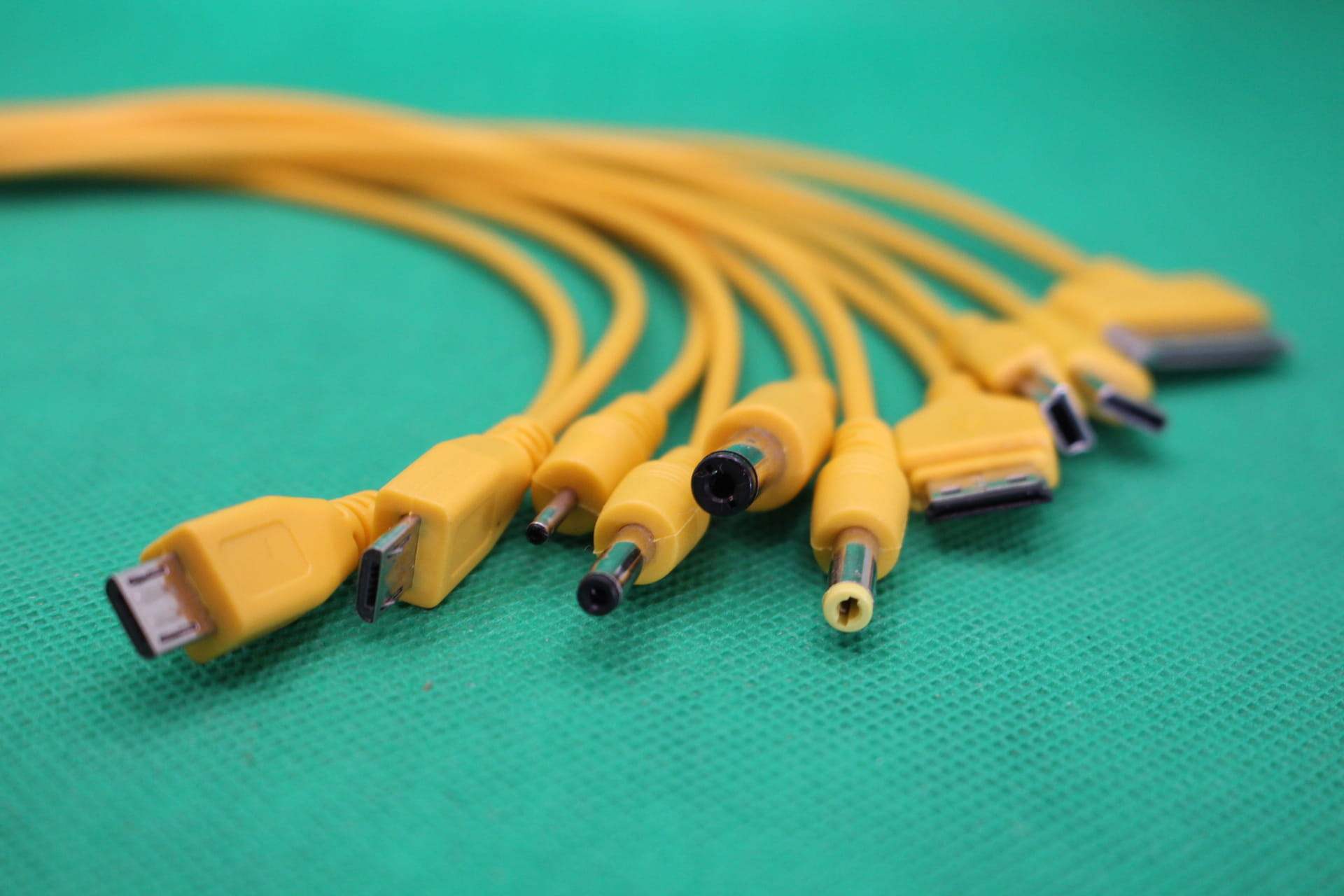 yellow 10 in 1 usb charger cable, close-up of connectors