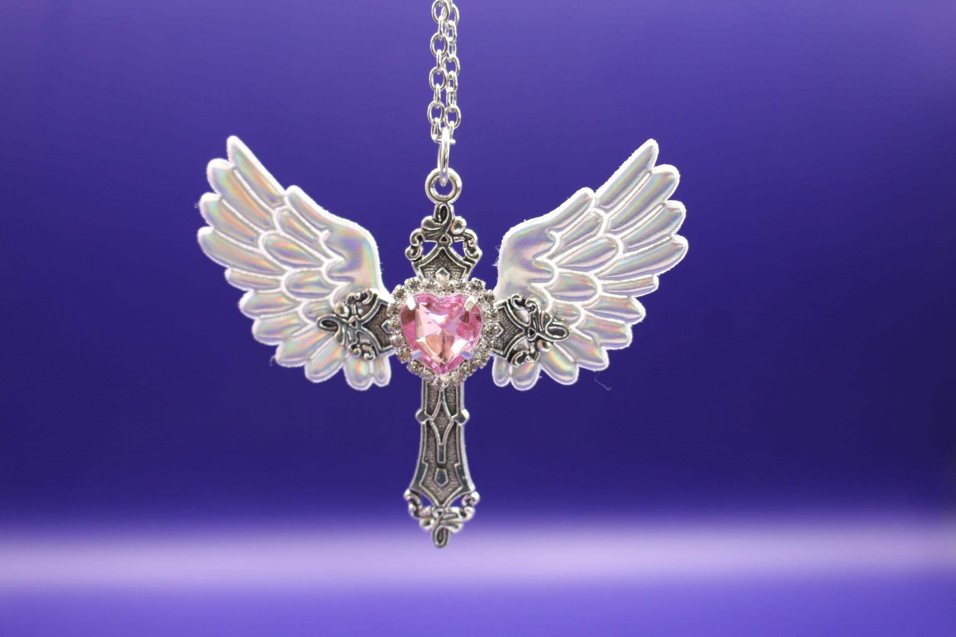 large angel wing pendant necklace, hanging