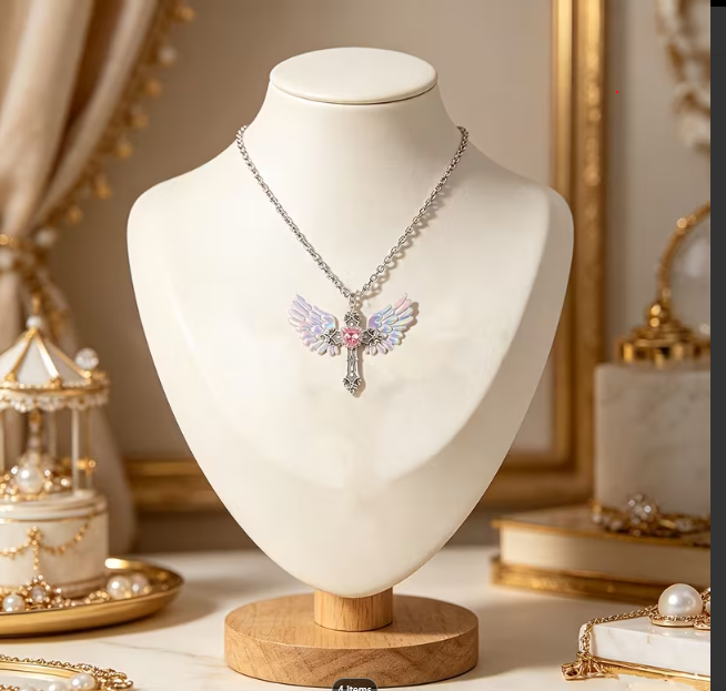 pink cubic zirconia cross necklace from Temu, taken from Temu product page
