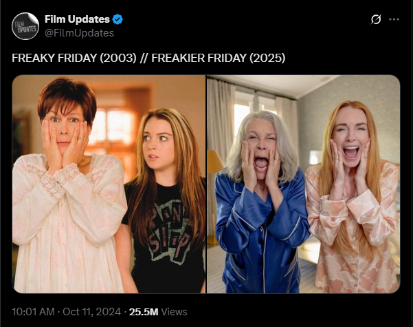 X post comparing Lindsey Lohan and Jamie Lee Curtis playing Anna and Tess in the Freaky Friday movie, versus in the Freakier Friday movie 