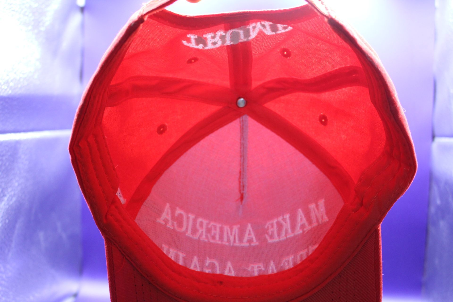 embroidery on the Make America Great again hat, on the inside