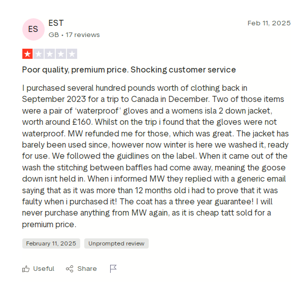 example of Mountain Warehouse warranty not honored