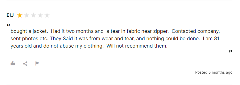 example of review showing Mountain Warehouse warranty not being honored, taken from review.io