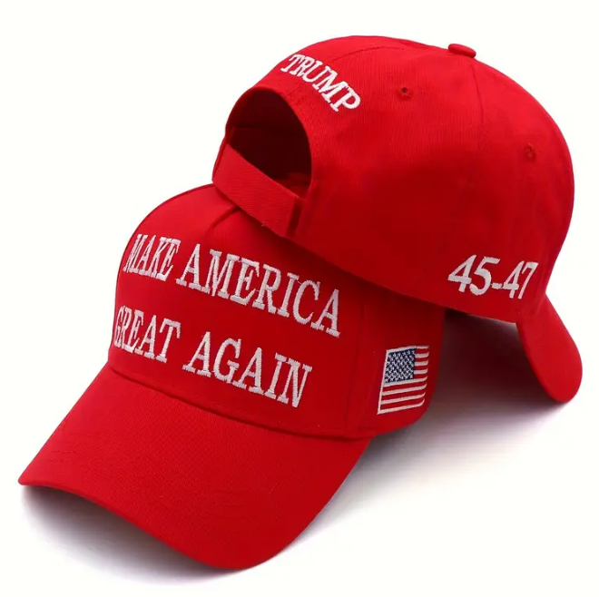 Make America Great Again Hats front, back, and side view angles of two hats, taken from promo ad from Temu
