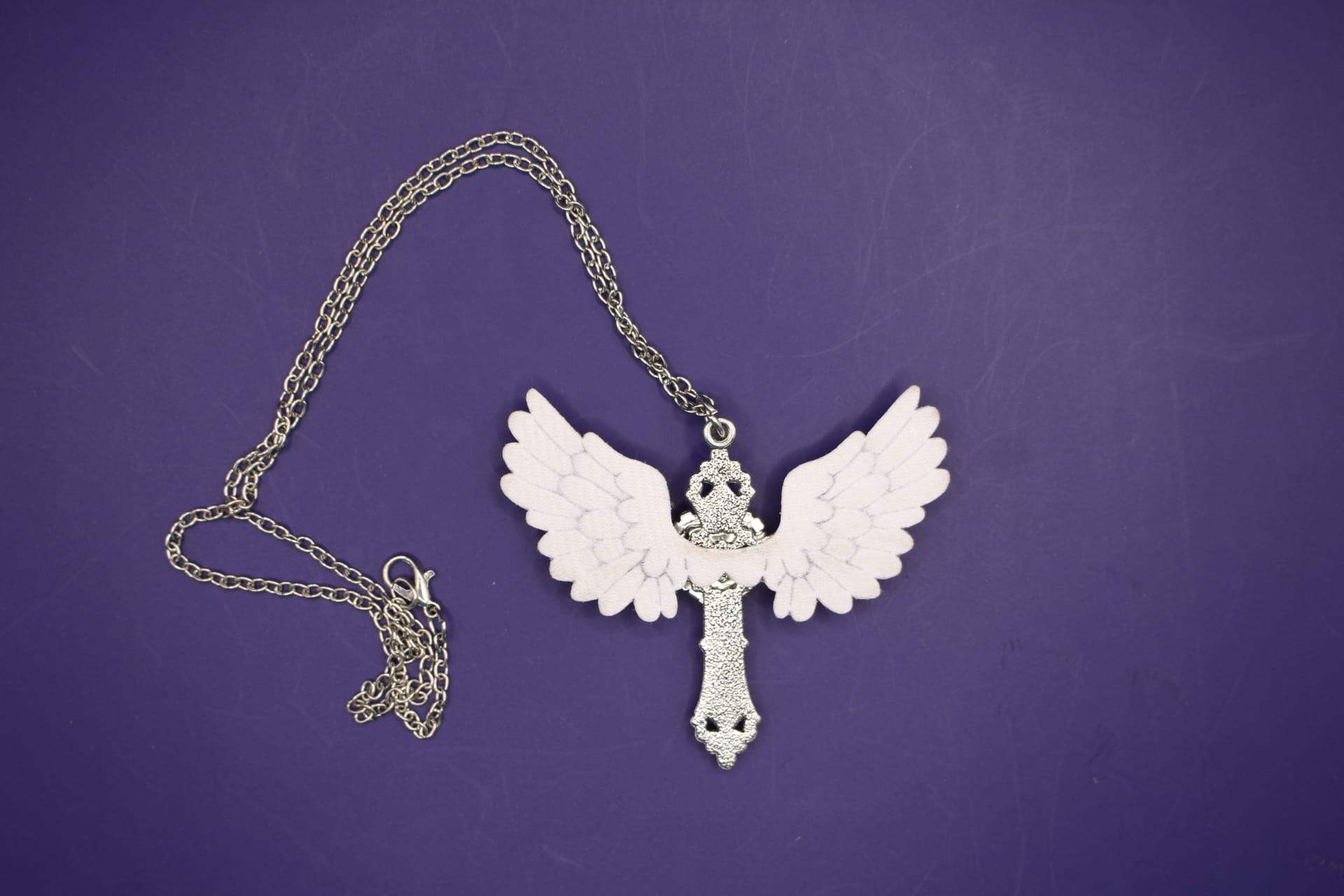 angel wings cross pendant necklace, back view