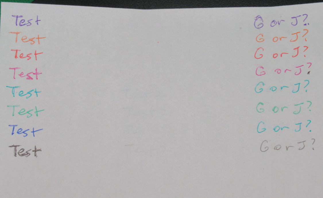 Test with "Test 2"s and "Test 3"s erased from test, and "G or J?" written over "Test 3"s