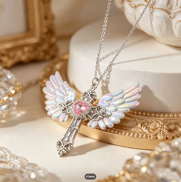 stainless steel angel wing and cross necklace from Temu, taken from Temu product page