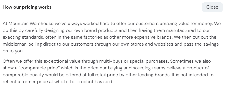 how Mountain Warehouse pricing works description, taken from its American website