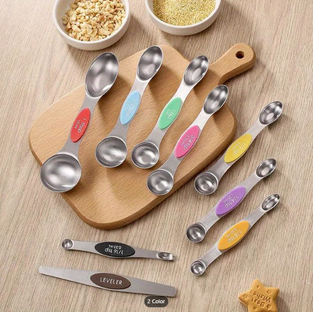stainless steel magnetic measuring spoon set sizes displayed, taken from Temu product page