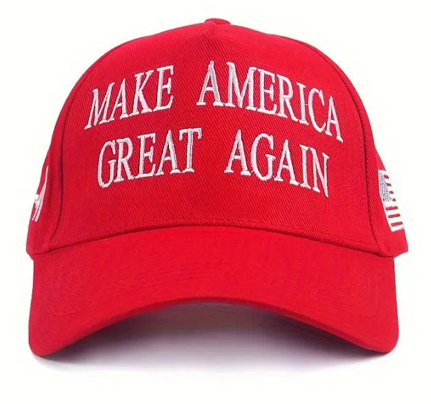 Make America Great Again hats, front view, taken from Temu promo ad