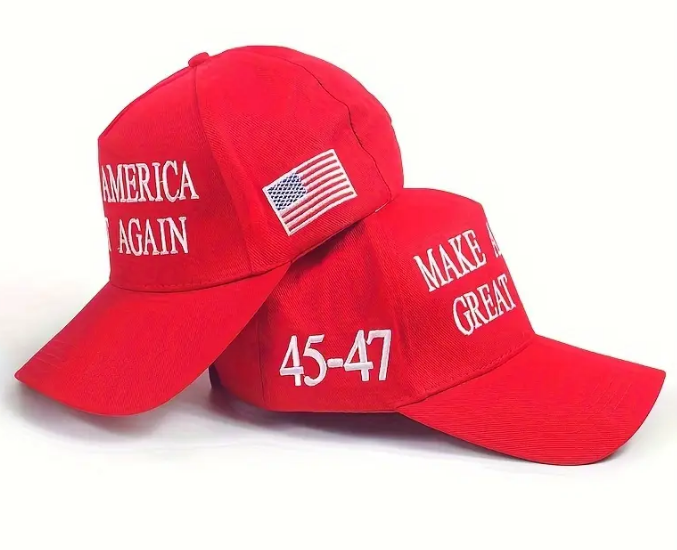 Make America Great Again hats, side view, taken from Temu promo ad