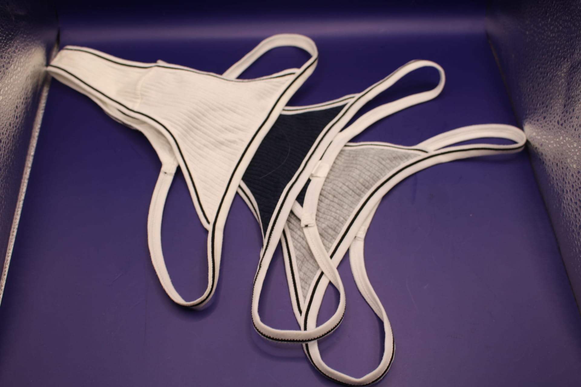 3 v-strings from cotton v string underwear pack -- white, black, and grey