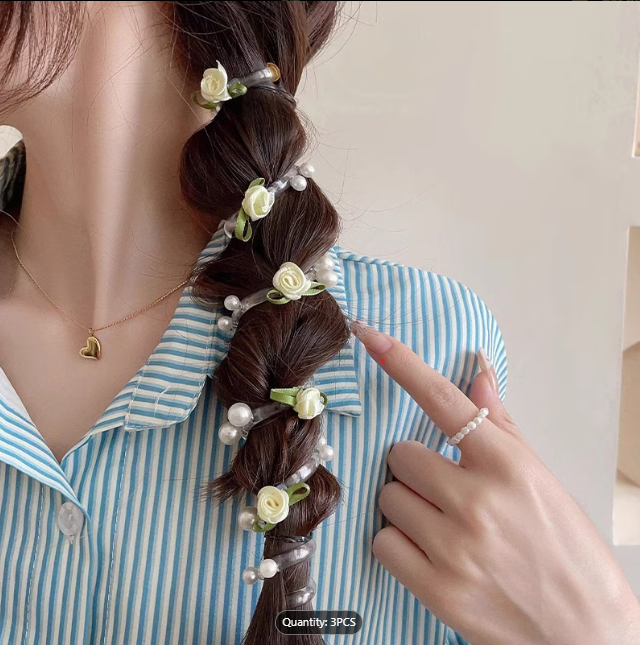 rosebud telephone cord hair tie in side braid, taken from Temu product page